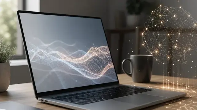 Ноутбук на столе с визуализацией работы искусственного интеллекта