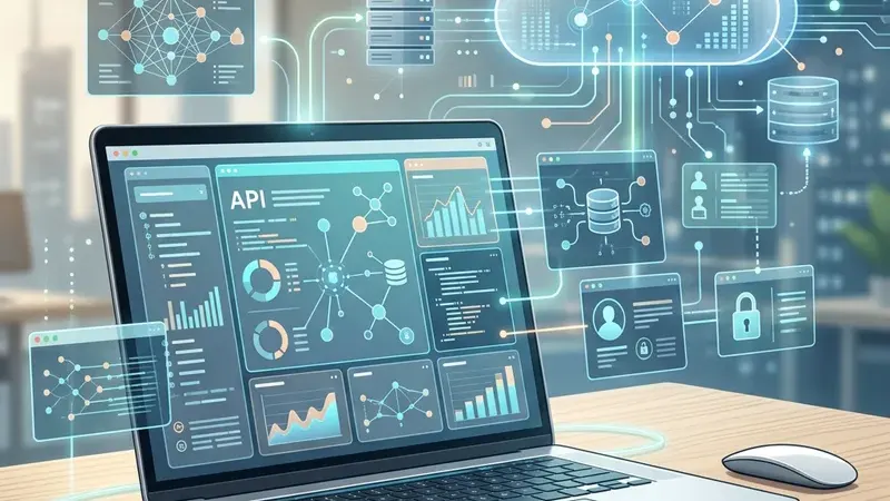 Иллюстрация с ноутбуком и абстрактной панелью AI API-сервисов