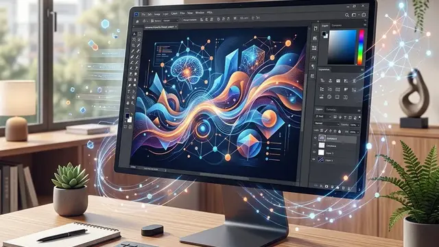 Интерфейс графического редактора с ИИ-инструментами для быстрой обработки изображений