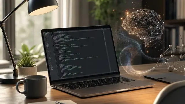 Домашний компьютер с кодом и абстрактным ИИ-интерфейсом на экране