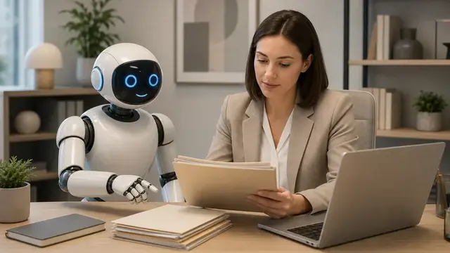 Офисный рабочий стол с символическим изображением AI-агента и цифровых инструкций
