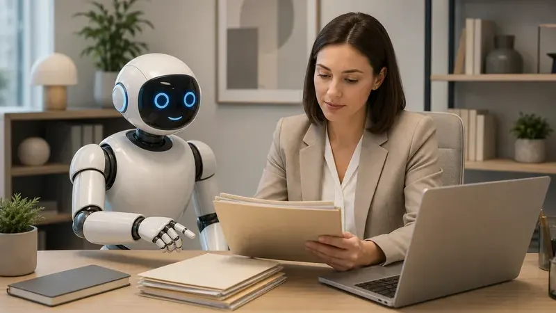 Офисный рабочий стол с символическим изображением AI-агента и цифровых инструкций