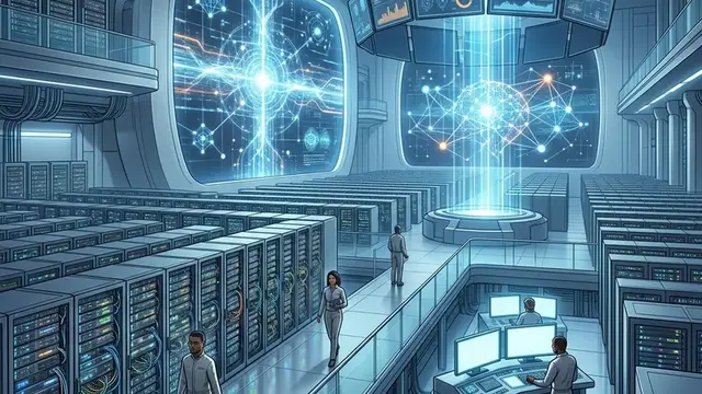 Абстрактная иллюстрация крупной ИИ-модели и серверной инфраструктуры