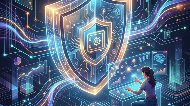 Абстрактная иллюстрация искусственного интеллекта с символом защиты и кибербезопасности