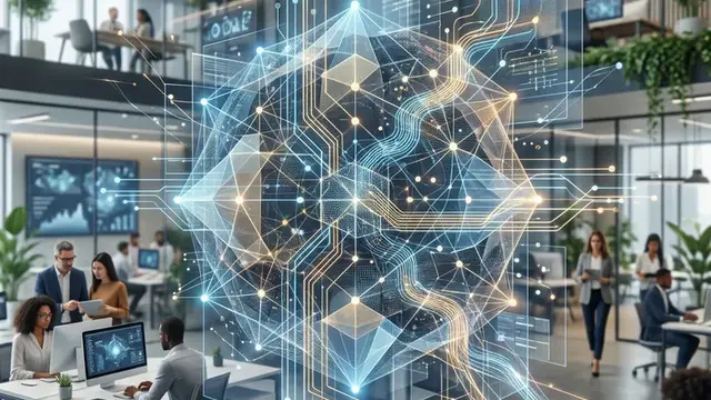 Абстрактная иллюстрация искусственного интеллекта с цифровыми слоями и скрытой внутренней логикой
