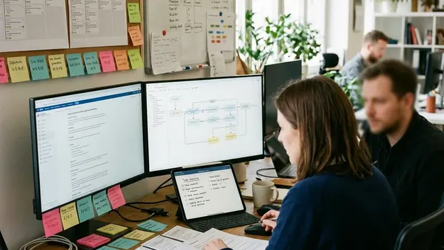 Стол с распечатками задач, планшетом и мониторами для работы с ИИ в управлении проектами
