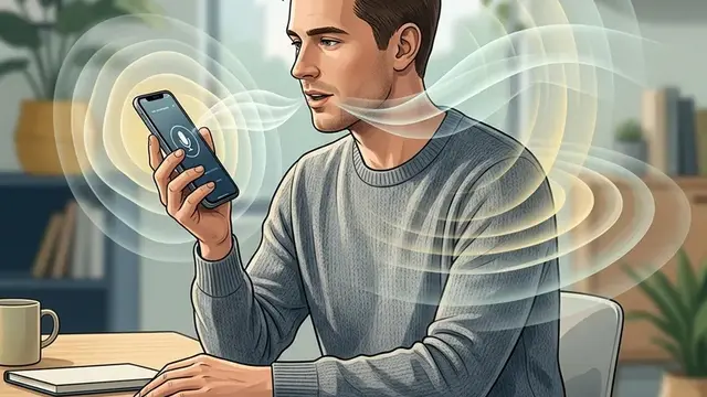Человек использует голосовой ChatGPT на смартфоне, вокруг показаны звуковые волны