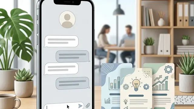 Иллюстрация с интерфейсом чат-бота и рекламными карточками