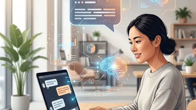 Человек работает за ноутбуком и общается с ИИ в чате