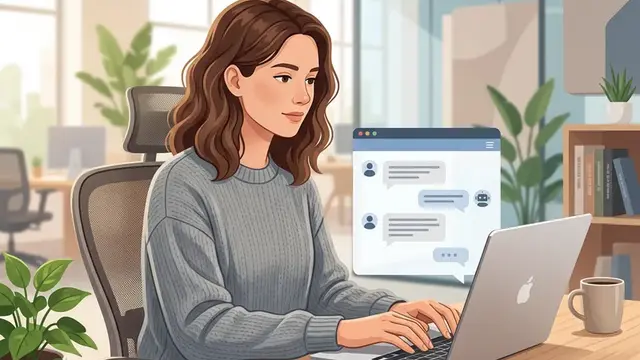Человек за ноутбуком использует чатбот для переписки и работы с текстом