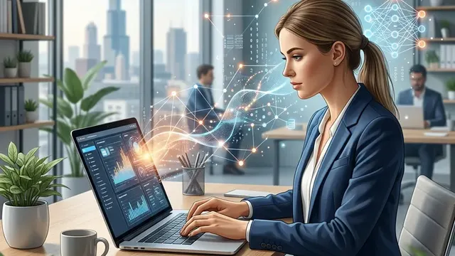 Человек работает за ноутбуком, рядом абстрактный образ искусственного интеллекта