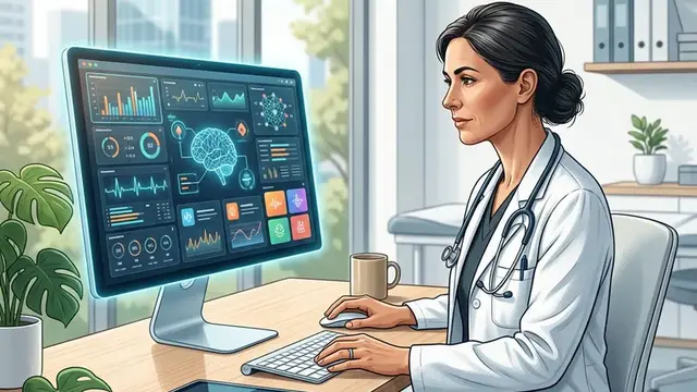 Врач работает за компьютером с цифровыми медицинскими данными и ИИ-интерфейсом