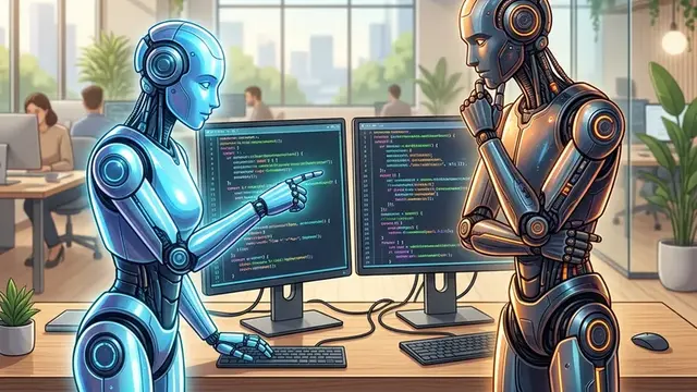 Два абстрактных ИИ-сервиса сравнивают результаты работы с кодом на экранах в офисе