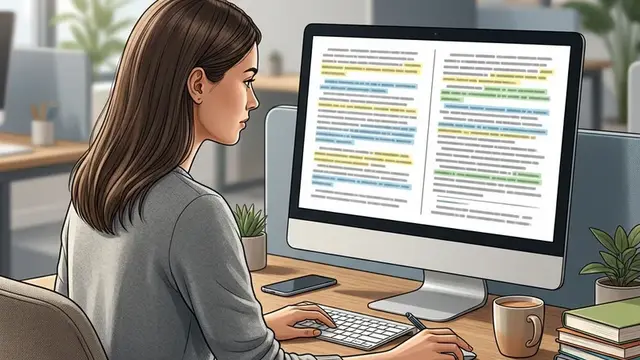 Человек сравнивает варианты перевода и правки текста на экране
