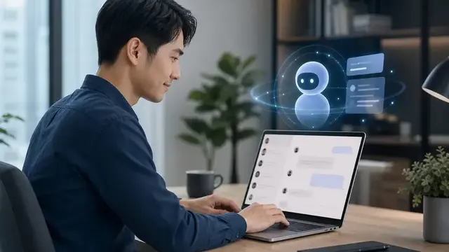 Человек использует AI-ассистента прямо в мессенджере на ноутбуке