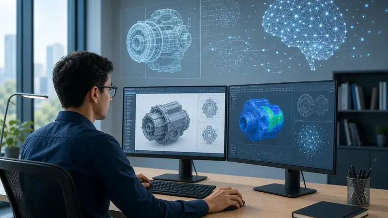 Инженер работает с CAD-системой, рядом показана абстрактная AI-модель для выбора правильного метода