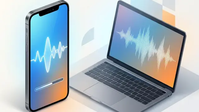 Смартфон и ноутбук с визуализацией голосовой записи на светлом фоне