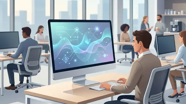 Офисный экран с абстрактным интерфейсом искусственного интеллекта