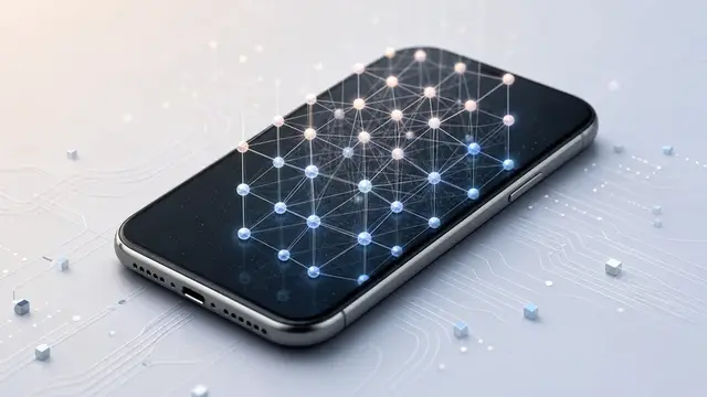 Смартфон с работающей на устройстве нейросетью на нейтральном технологичном фоне