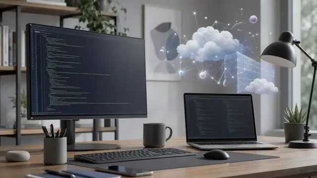 Разработчик работает с кодом и ИИ-инструментами, показывая разделение сложных и рутинных задач