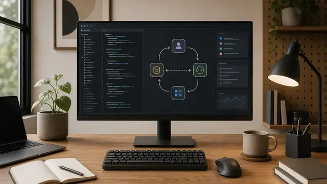 Иллюстрация: разработчик и схема работы кодинг-агента без текста и логотипов