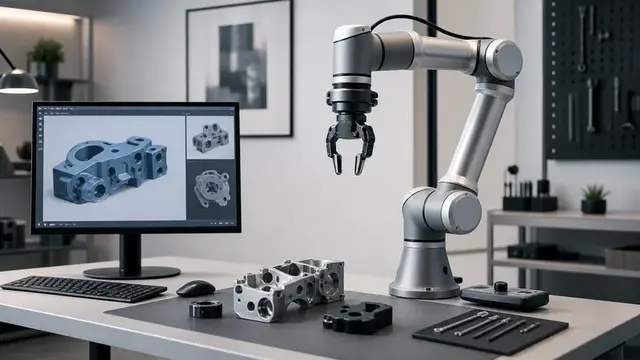 Роборука и 3D-модель деталей на экране в инженерной рабочей сцене