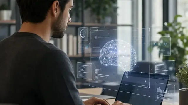 Человек работает за ноутбуком рядом с абстрактным интерфейсом искусственного интеллекта