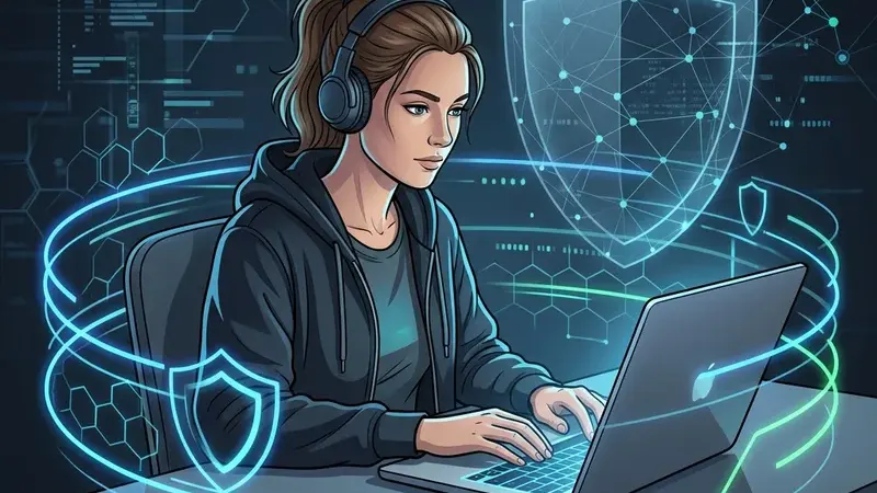 Специалист по кибербезопасности работает с ИИ-инструментом для анализа защиты систем