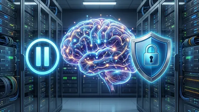 Серверная и абстрактный символ искусственного интеллекта с акцентом на паузу и безопасность