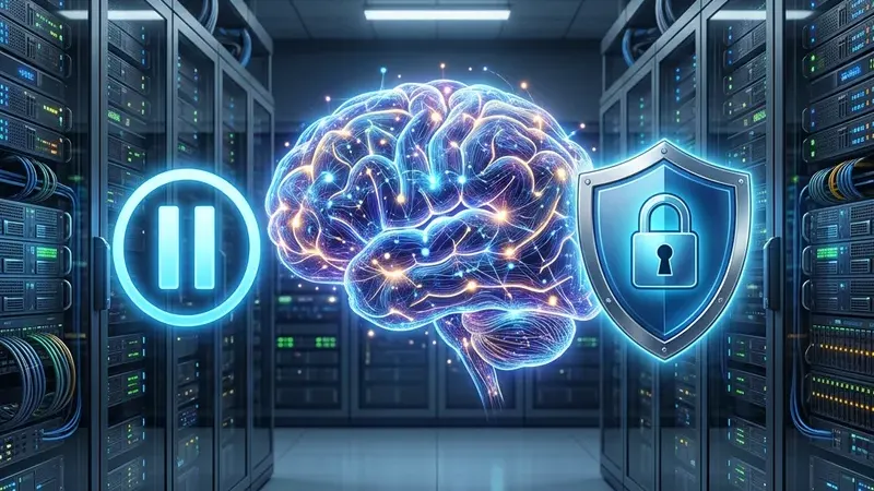 Серверная и абстрактный символ искусственного интеллекта с акцентом на паузу и безопасность