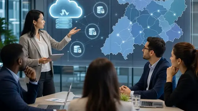 Команда обсуждает хранение данных в регионах на фоне цифровой карты мира
