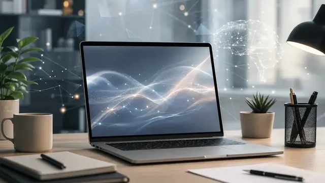 Рабочее место с ноутбуком и абстрактными элементами искусственного интеллекта