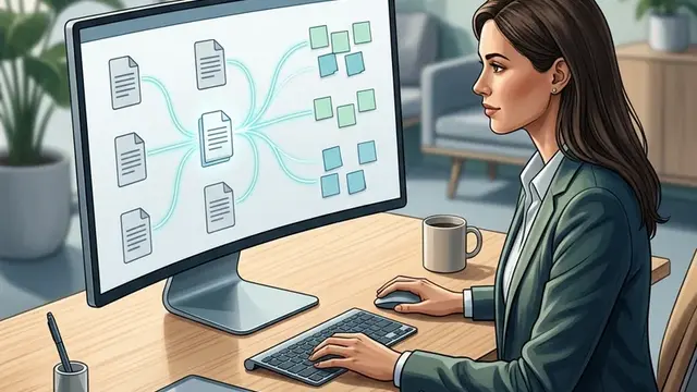 Офисный сотрудник использует ИИ-сервис с доступом к документам и истории задач