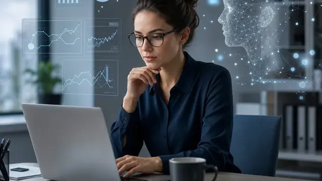 Аналитик проверяет данные и работу AI-системы за ноутбуком
