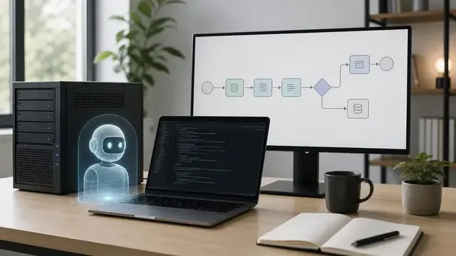 Рабочая схема AI-агента для разработки SaaS на экране ноутбука