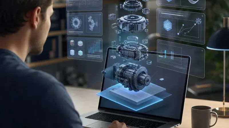 Человек за ноутбуком, на экране которого собирается 3D-симулятор в интерфейсе ИИ