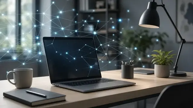 Рабочее место с ноутбуком и абстрактными элементами искусственного интеллекта