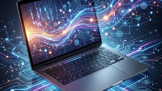 Ноутбук на столе с абстрактной визуализацией искусственного интеллекта