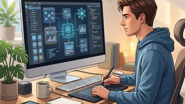 Человек работает за ноутбуком и создает приложение с помощью ИИ-интерфейса