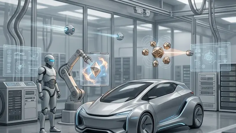 Футуристичная сцена с автомобилем, роботом и объектами в движении в лабораторной среде