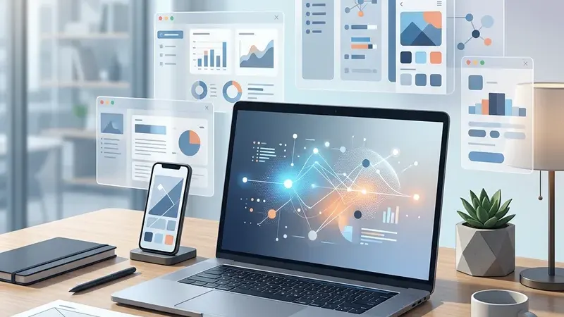 Рабочий стол со скриншотами и абстрактным интерфейсом нейросети