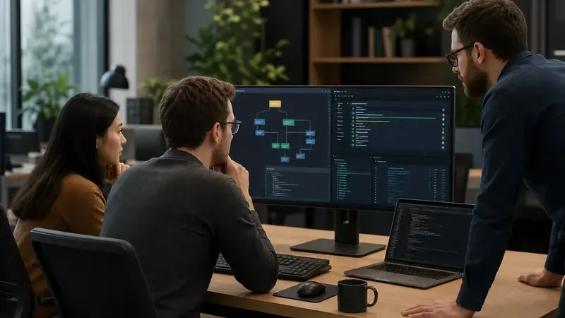 Команда обсуждает автоматизацию API-тестов на экране с схемой интерфейса