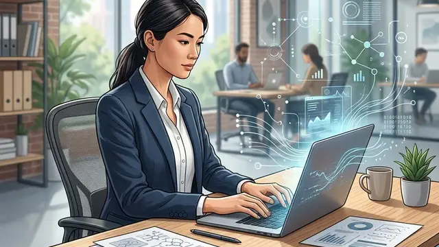 Человек работает за ноутбуком рядом с абстрактными цифровыми символами, связанными с проверкой текста